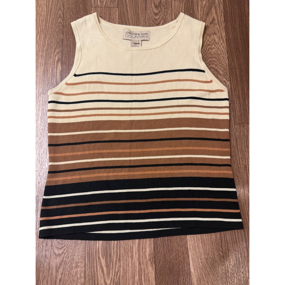 Jones New York Country Silk Cotton Striped Sleeveless Knit Top Brown Cream Small